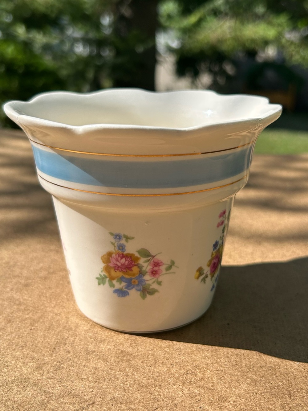 Vintage Planter Vase Floral Porcelain E&R Blue Band Gold Trim Cottagecore 4x5